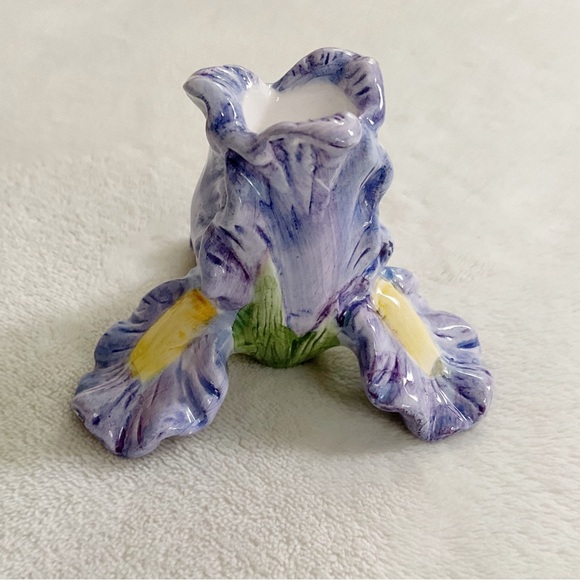 Handpainted Majolica-Style Iris Ceramic Candle Holder Purple Vintage Decor - Picture 11 of 13